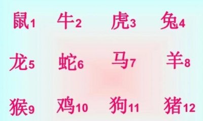 ​十二生肖排列顺序表图，鼠，牛，虎，兔，龙，蛇，马，羊，猴，鸡，狗，猪